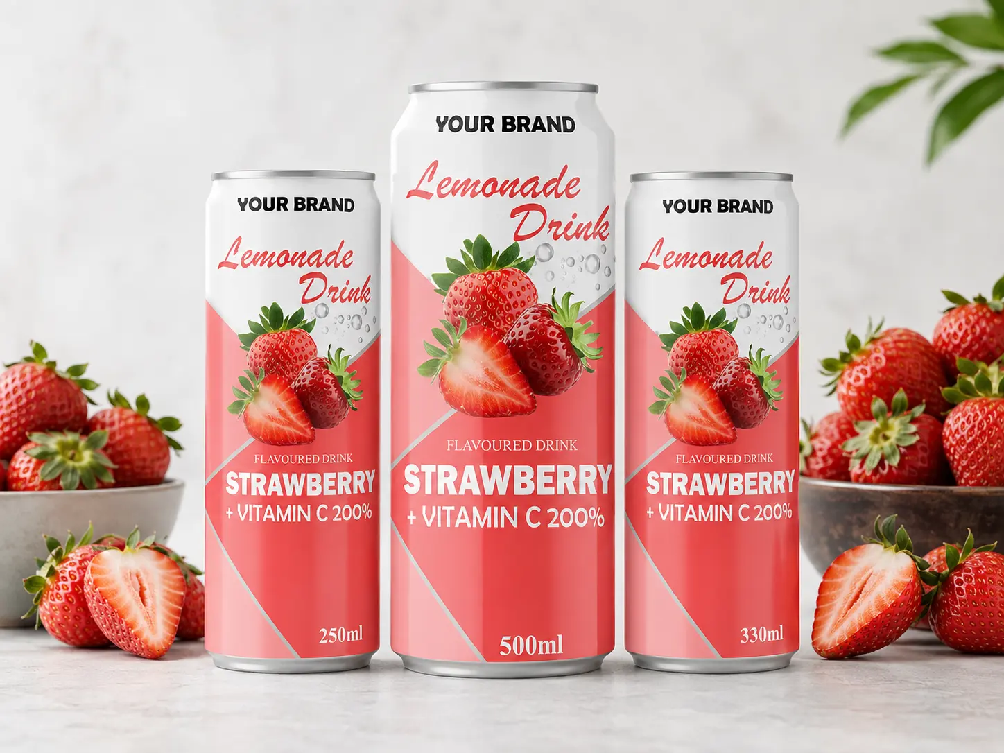 LEMONADE DRINK Strawberry flavored drink with Vitamin C 200% shown in 250ml, 500ml, and 330ml cans.